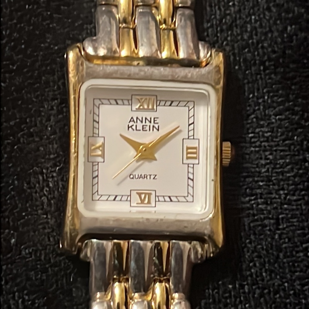 Anne Klein Watch Women Gold Tone Rectangle Black Leather Band New Battery 6.5"